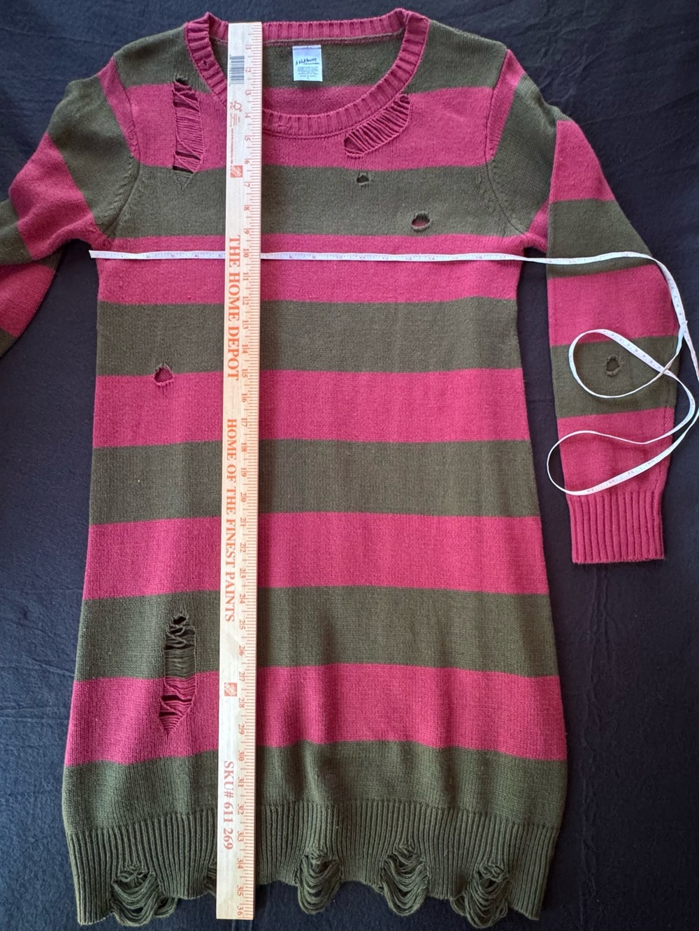Spirit Distressed Chunky Stripe Long Sleeve Dress in Red and Olive - Picture 5 of 9